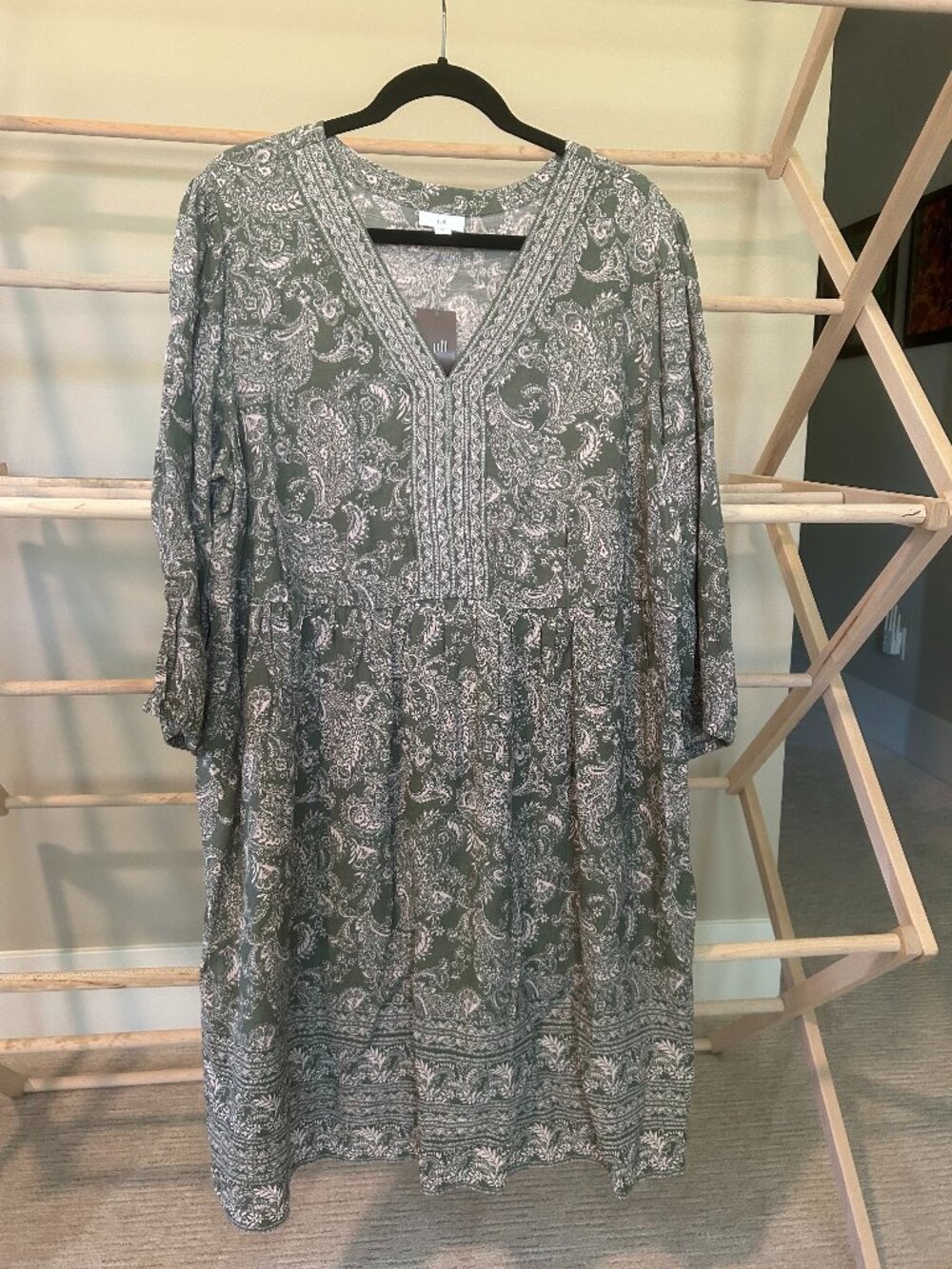 NWT J. Jill Green Paisley V-Neck Empire Waist Tiered Midi Dress XL
